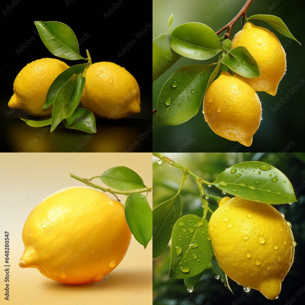 set of images of lemon with water drops on a branch with leaves