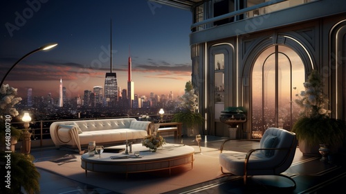 an AI image of an Art Deco penthouse with a rooftop terrace, streamlined furniture, and panoramic city views