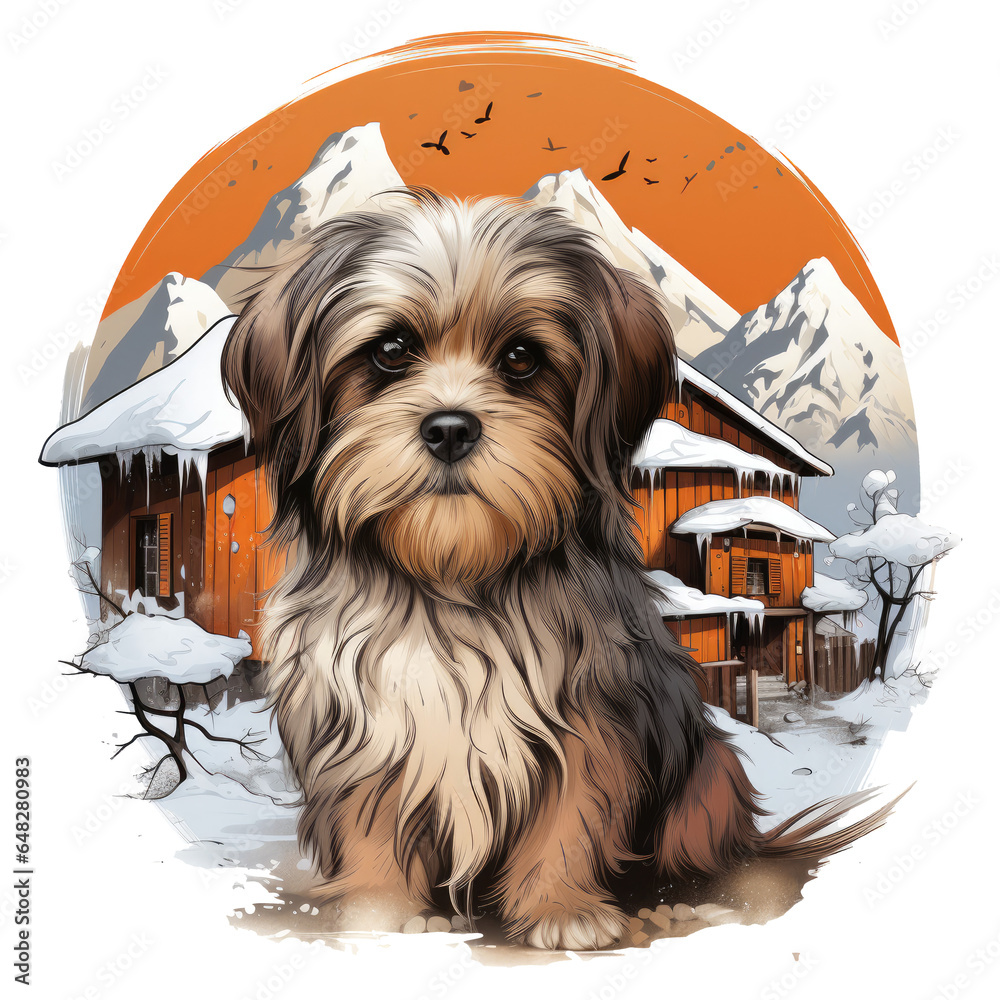 A heart-melting Shih Tzu t-shirt design, featuring the dog in a cozy, rustic cabin surrounded by snow-covered mountains and a crackling fireplace, Generative Ai - obrazy, fototapety, plakaty 