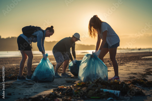 Group of eco volunteers picking up plastic trash on the beach
