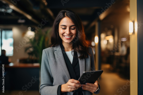Happy female entrepreneur smiling with digital tablet