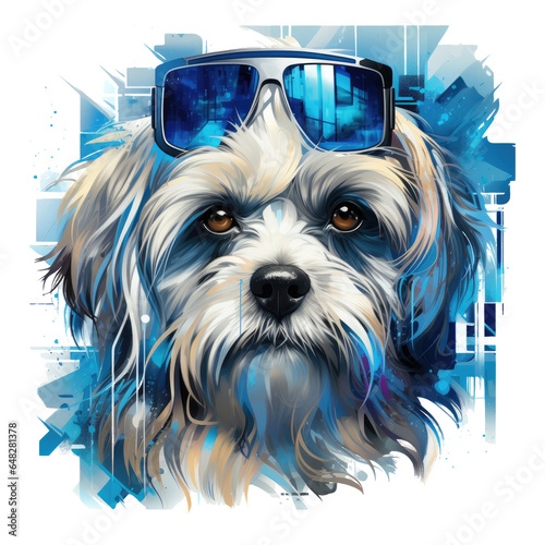 A futuristic Shih Tzu t-shirt design, featuring the dog in a high-tech metropolis, amidst holographic billboards and neon lights, Generative Ai