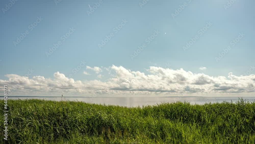 Timelapse Of Sea And Clouds With Blue Sky. Greenery In The Foreground Timelapse Of Sea And Clouds With Blue Sky. Greenery In The Foreground
