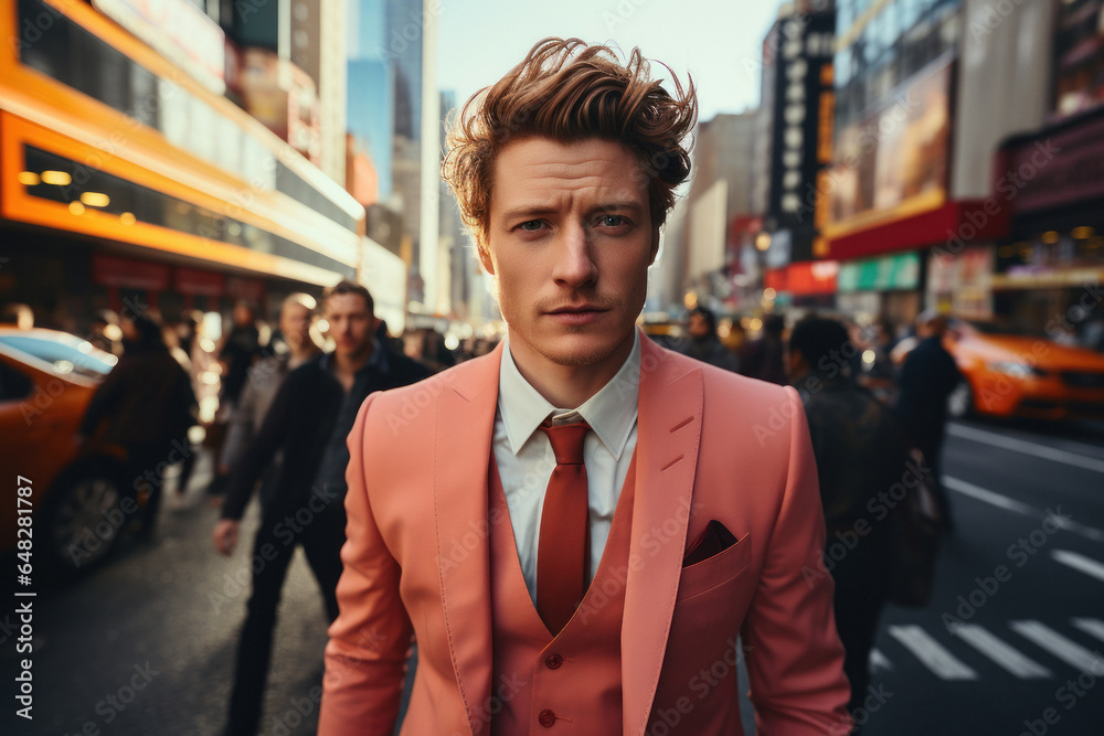 Serious guy in a colorful suit, looking calm successful entrepreneur enjoying his city life standing in crowd of people Serious guy in a colorful suit, looking calm successful entrepreneur enjoying his city life standing in crowd of people