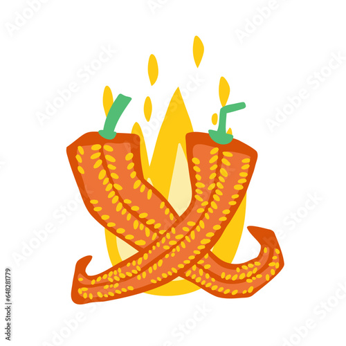Hot chilli peppers. Cartoon spicy red chilli pepper in fire flames, red hot burning mexican peppers isolated vector illustration.