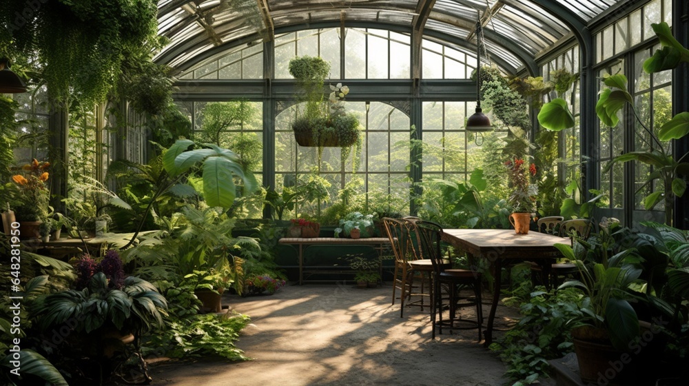an AI image of a modern greenhouse-inspired conservatory with abundant greenery