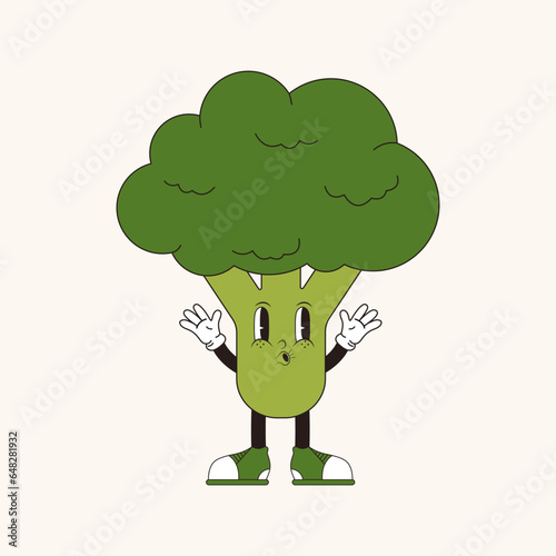 Cute character broccoli in trendy groovy retro 70s style. Vector illustration