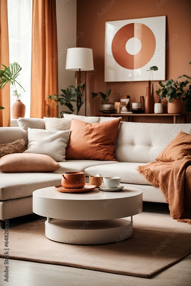 Fototapeta premium Scandinavian-inspired living room, with sleek modern furniture and warm wooden accents. The soft natural light filters in through large windows, illuminating the clean lines and minimalist design