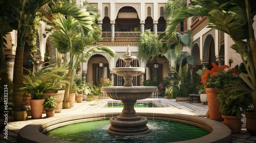 an AI image of a traditional Moroccan riad courtyard with mosaic tiles, a central fountain, and lush greenery