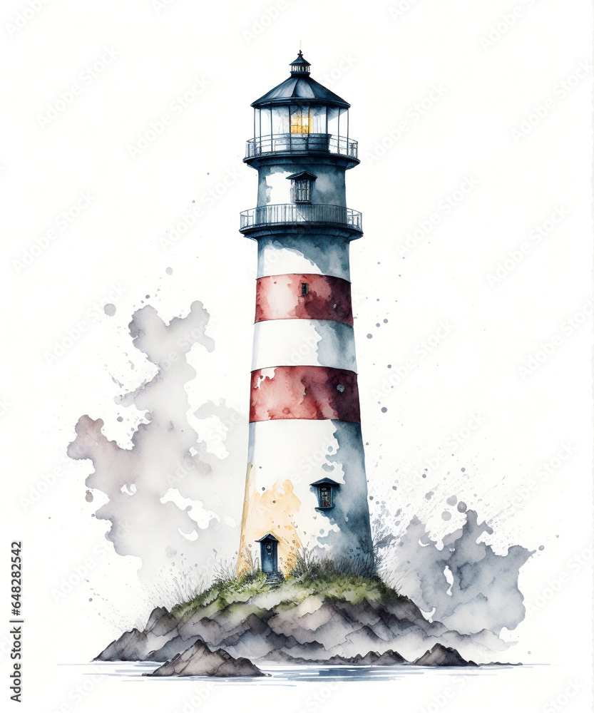 lighthouse watercolor illustration on white background, Ai generative illustration