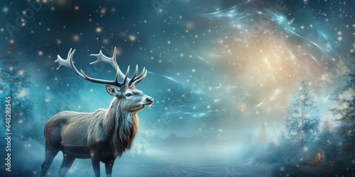 winter christmas banner with a reindeer, blizzard, snowfall on a blue background with a copy space