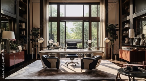 an Art Deco home office with streamlined furniture, lacquered finishes, and vintage typewriters