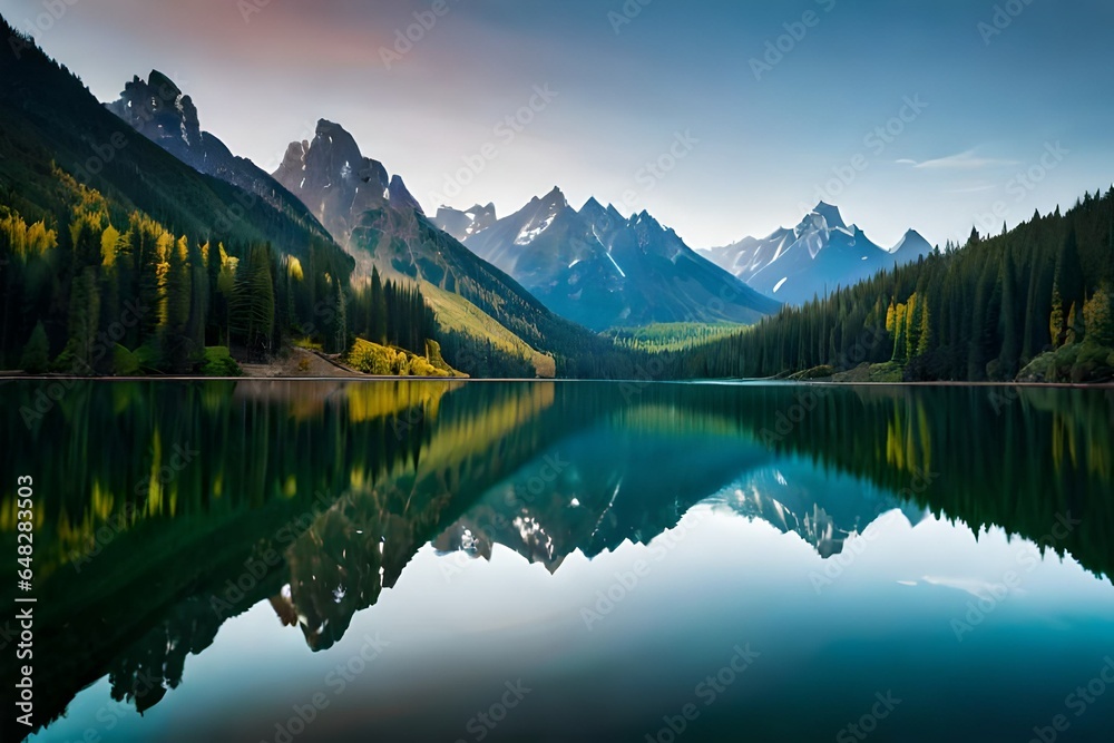 an image of a serene lake surrounded by dense, lush forests, with the reflection of the trees mirrored perfectly in the calm water