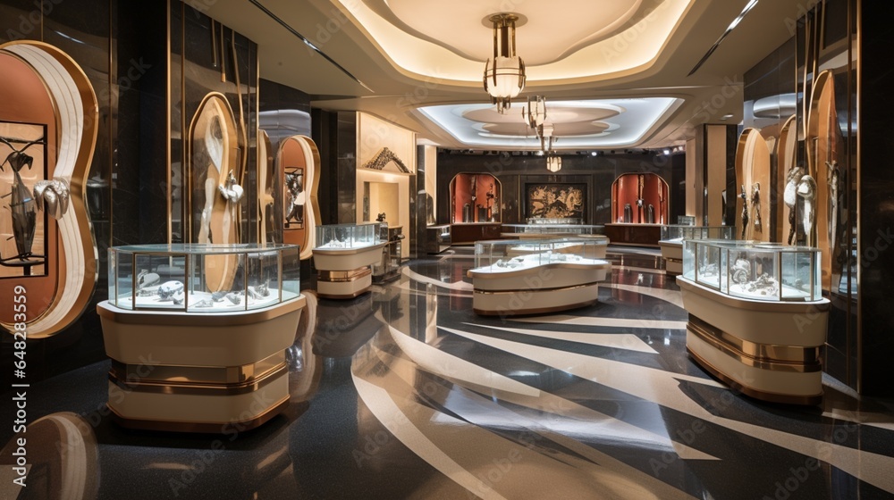 an Art Deco jewelry store interior with custom display cases, elegant lighting, and security features