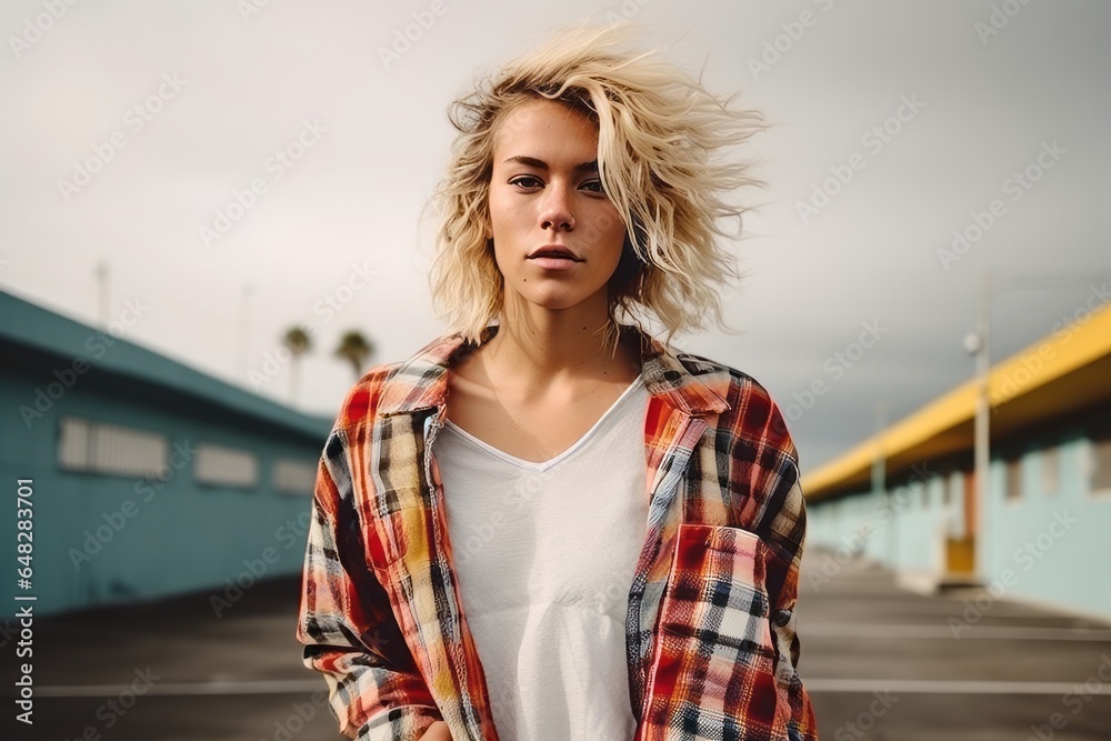 Portrait of a beautiful young woman in a plaid shirt on a pier Portrait of a beautiful young woman in a plaid shirt on a pier