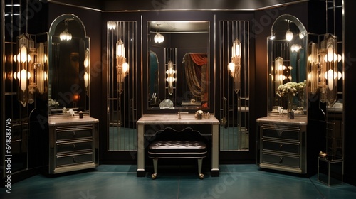 an Art Deco theater dressing room with vintage vanities, mirrors, and costume racks