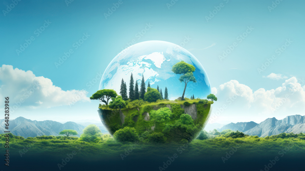 The Pristine Beauty of Earth: A Transparent Sphere Holding Verdant Forests, Majestic Mountains, and a Call to Action for Climate Change and Environmental Conservation - obrazy, fototapety, plakaty 