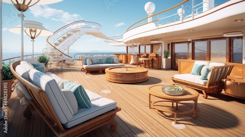 an Art Deco yacht deck with luxury lounges, teakwood accents, and panoramic ocean views