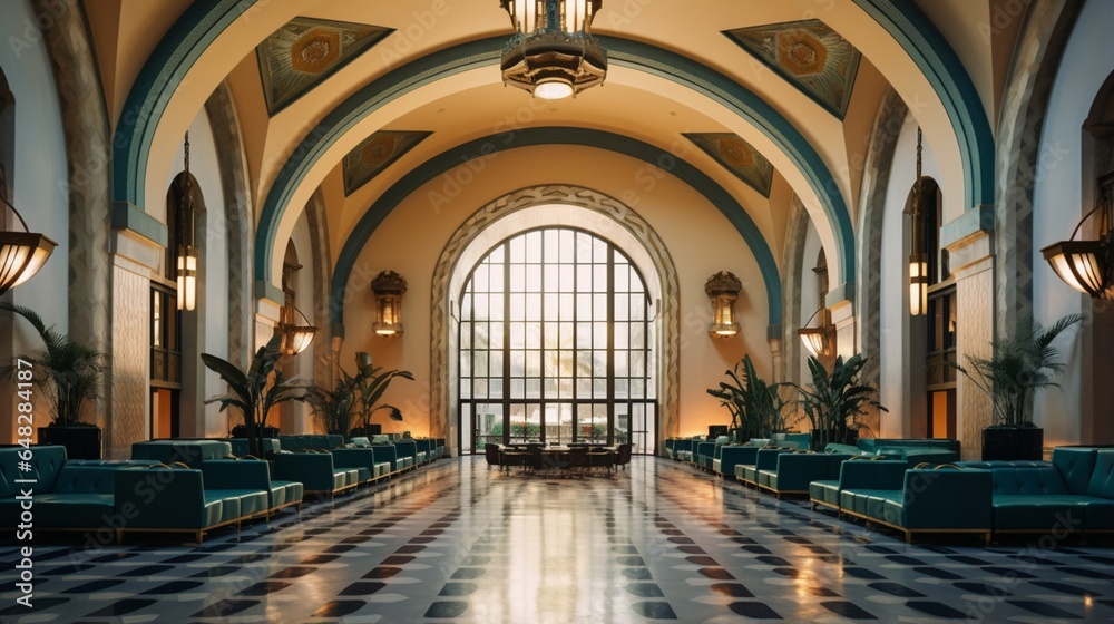 an image of an Art Deco train station with grand arches, terrazzo floors, and vintage luggage