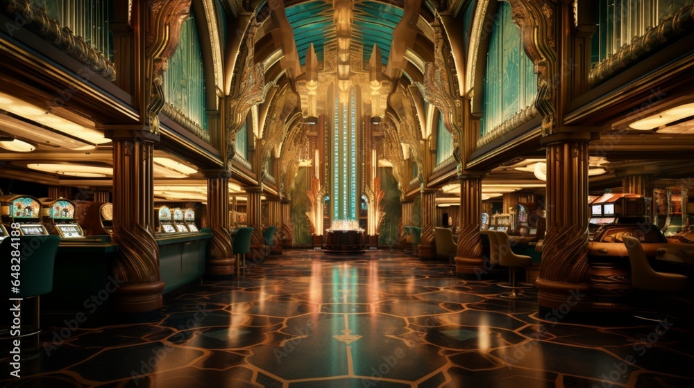 an image of an Art Deco casino with gilded columns, intricate ceiling designs, and vintage slot machines