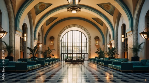 an image of an Art Deco train station with grand arches  terrazzo floors  and vintage luggage