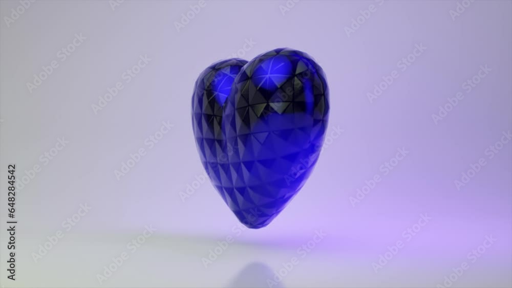 Love concept. Beautiful closeup of blue metal heart on blue neon background. Valentine's Day. 3D animation seamless loop