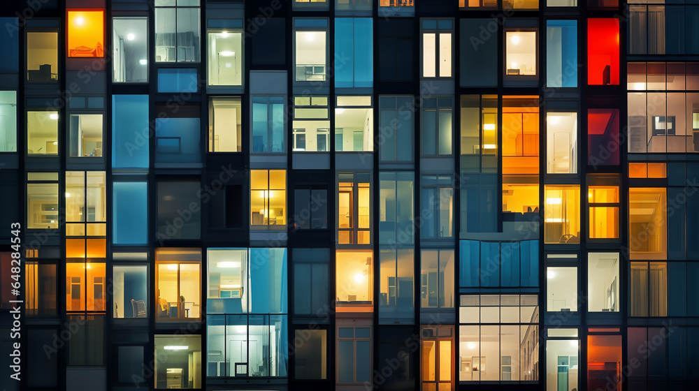 collage of luminous windows facade of building at night made with generative AI collage of luminous windows facade of building at night made with generative AI