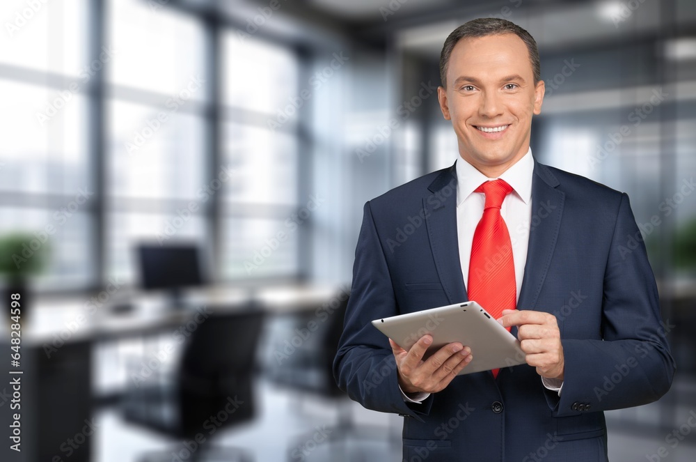Happy stylish professional businessman with digital tablet, AI generated image Happy stylish professional businessman with digital tablet, AI generated image
