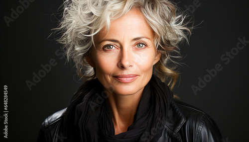 Portrait stylish elegant mature middle aged woman with short gray hair