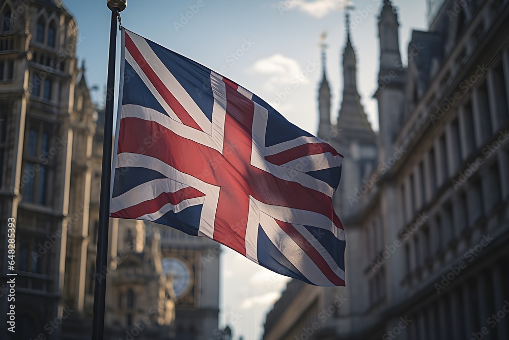 A British Union Jack flag flies and flutters from a pole with London buildings in the background. Natural daylight. Generative AI. - obrazy, fototapety, plakaty 
