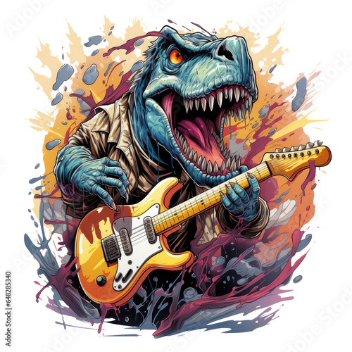 Enter a world of abstract expression, where a T-Rex plays a guitar that transforms into swirling ribbons of color and sound, Generative Ai