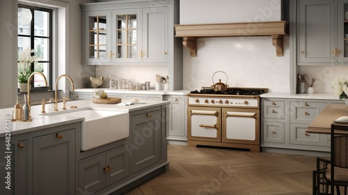 an image of a traditional kitchen with detailed cabinetry, a farmhouse sink, and vintage-inspired appliances