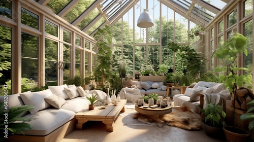 a contemporary conservatory with large windows, indoor plants, and a focus on natural materials