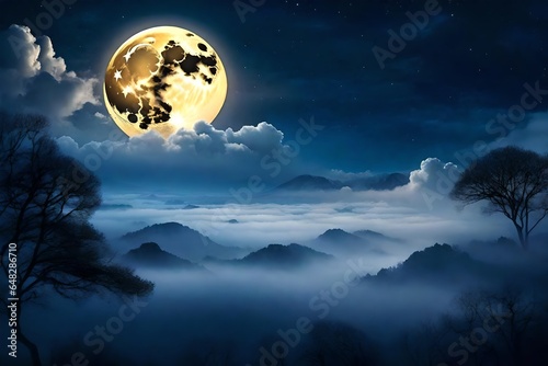 The clouds on the sky shine in the light of the moon at the time of night. AI Generative