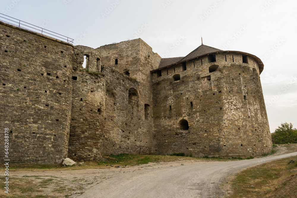 A stone bastion and wall of Khotyn castle in Ukraine