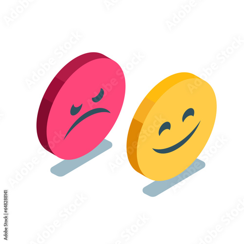isometric emoticons cheerful and angry, in color on a white background, emotions on social networks or chat