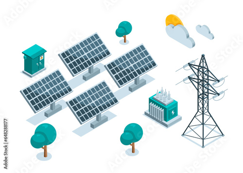 isometric solar panels and transformer booths, in color on a white background, green energy or solar