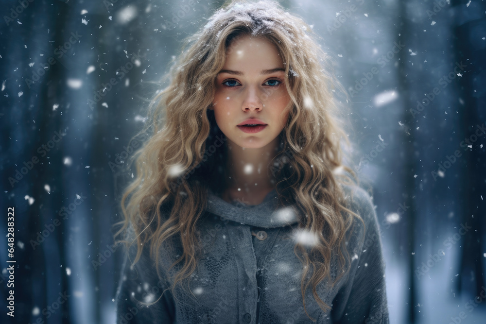 Girl in a snow-covered forest, with snowflakes gently falling