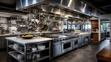 a modern cooking school kitchen with professional-grade appliances and chef's stations