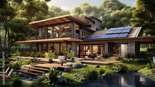 a modern eco-friendly home with sustainable materials, energy-efficient systems, and green technologies