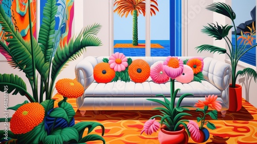 A painting of a living room with a couch and flowers © Maria Starus