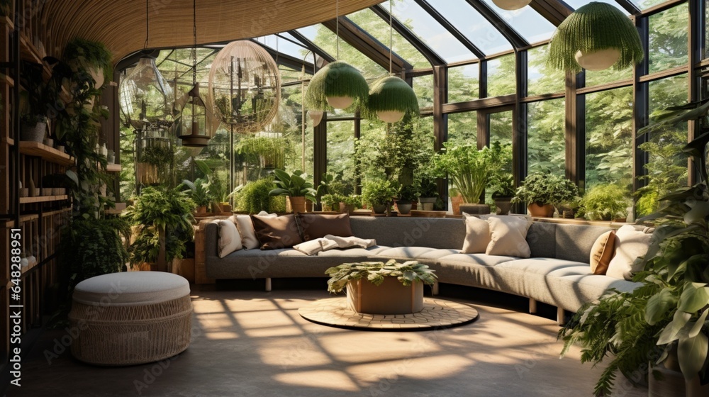 a modern greenhouse interior with lush plant arrangements and a tranquil seating area