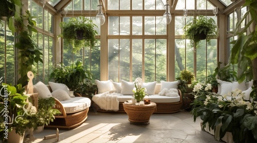 a modern greenhouse interior with lush plant arrangements and a tranquil seating area