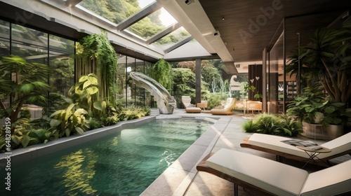a modern indoor pool area with a glass roof, lounge chairs, and lush greenery