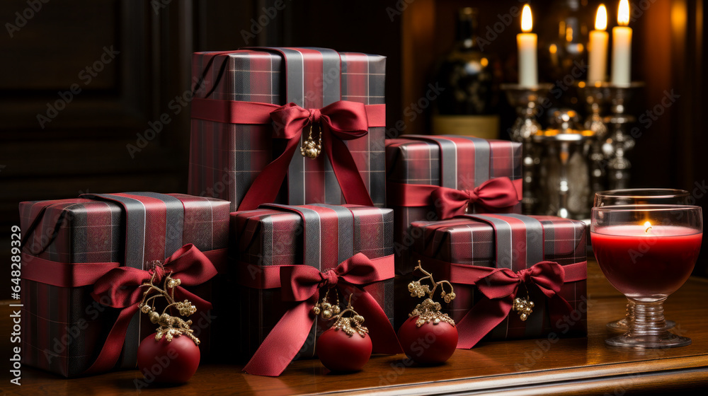 Tabletop with Christmas gift boxes, ornaments and candles Tabletop with Christmas gift boxes, ornaments and candles