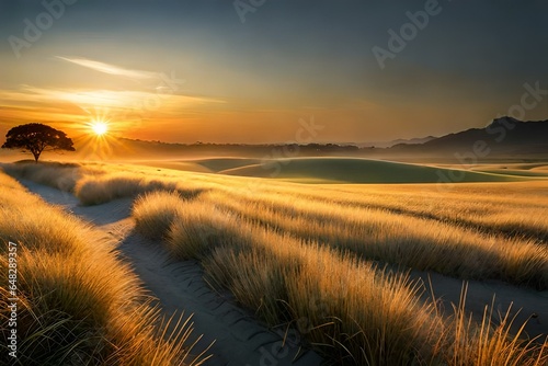  an image of a breathtaking sunset over a vast, open field of tall grass, casting long, golden shadows © Shahzad