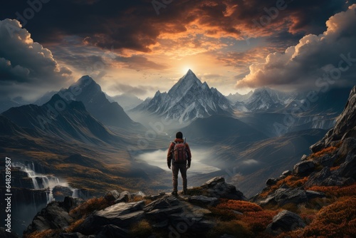 A picture of a traveler standing on a mountain peak, gazing at the beauty of nature 