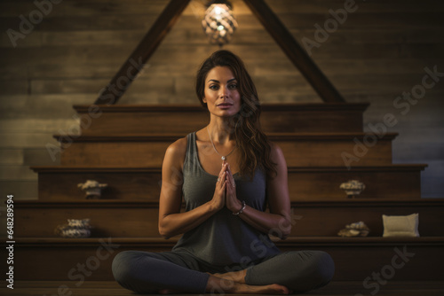 Yoga instructor in a tranquil studio, promoting wellness and mindfulnes photo