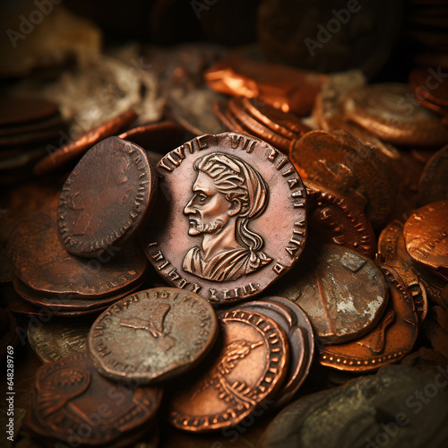 old Roman coins on a black background