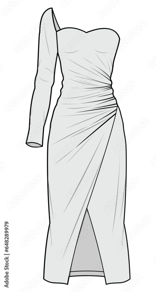 One Side Long Sleeve Wrap Around Body Con Dress Fashion Illustration